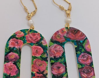 Hand-Painted Rose Earrings: Mother of Pearl Floral Jewelry