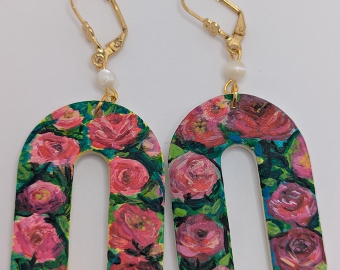 Hand-Painted Rose Earrings: Mother of Pearl Floral Jewelry