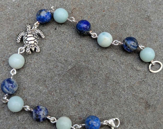 Handmade Amazonite and Lapis Lazuli Gemstone Bracelet with Silver Sea Turtle Charm