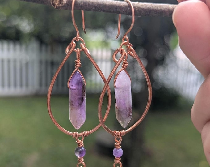 Wire-Wrapped Amethyst Copper Dangle Earrings