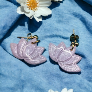 Pastel Purple Lotus Flower Dangle Earrings | Floral Clay Statement Earrings | Lotus Jewelry | Nickel-Free |  Lotus Flower Drop Earrings  |