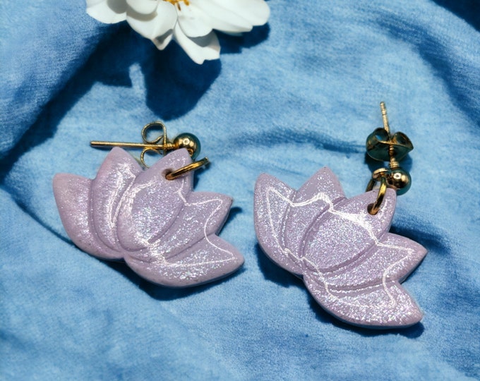 Pastel Purple Lotus Flower Earrings: Nickel-Free Clay Dangles