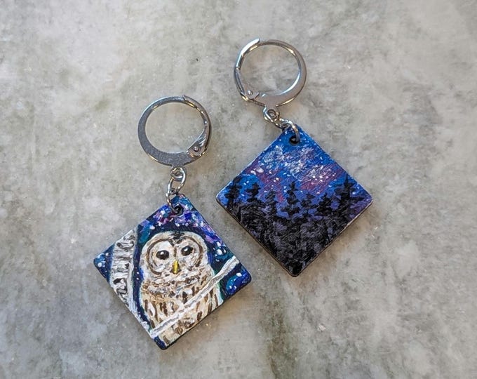 Hand Painted Barred Owl Starry Night Earrings | Stainless Steel Lever Backs