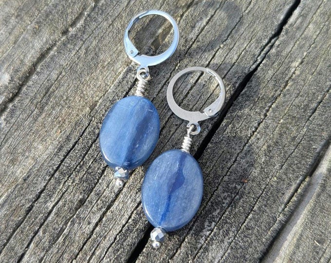Kyanite Dangle Earrings: Wire-Wrapped Gemstone Jewelry, Stainless Steel