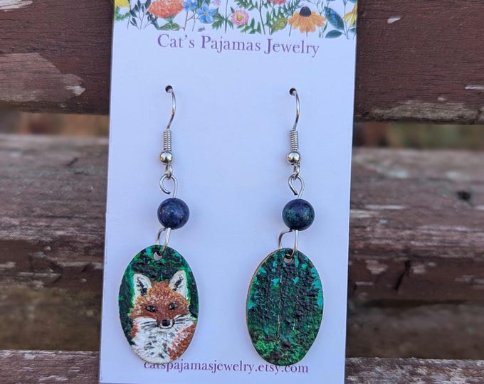 Hand-Painted Red Fox and Evergreen Forest Wooden Earrings : Chrysocolla Jewelry