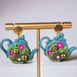 Cottage-Core Teapot Fairy House Earrings | Polymer Clay Statement Earrings | Handmade Teapot Earrings | Fairy House Jewelry |