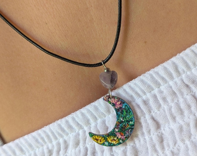 Hand-Painted Wildflower Moon Pendant Necklace: Amethyst Gemstone Jewelry