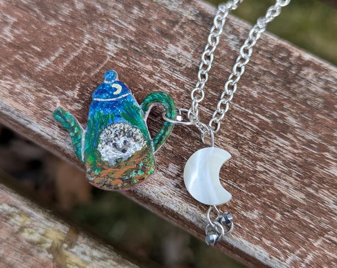Hand-Painted Hedgehog Teapot Necklace: Hematite Diamond, Silver Plated Cable Chain