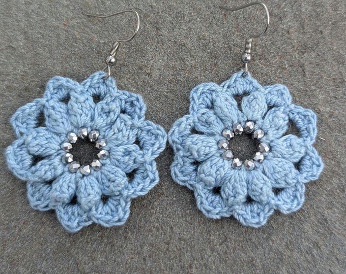Crochet Flower Earrings with Hematite Diamond-Gemstone Jewelry