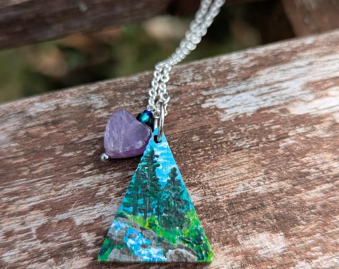 Hand-Painted River Landscape Wooden Pendant: Amethyst Heart Charm, Silver Plated Cable Chain