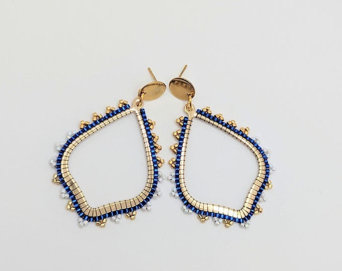 Hand-Stitched Beaded Dangle Earrings: Gold and Blue Bohemian Jewelry