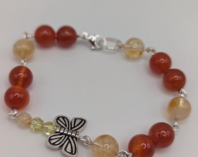 Handmade Carnelian and Citrine Gemstone Bracelet with Silver Butterfly Charm