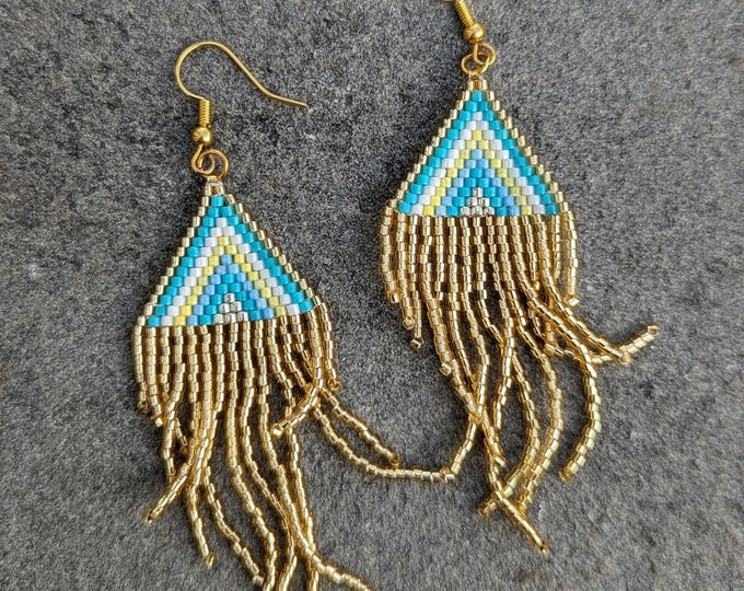 Boho Beaded Fringe Earrings: Gold and Blue Dangle, Sterling Silver