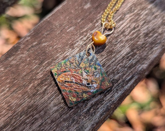 Hand-Painted Sleepy Red Fox Necklace: Miniature Painting, 14K Gold Plated Chain