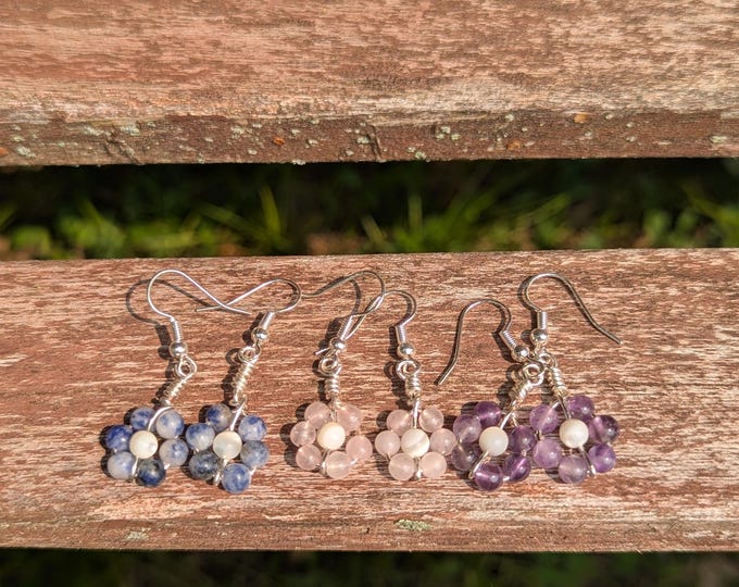 Handmade Sterling Silver Flower Earrings: Wire-Wrapped Gemstone Dangles