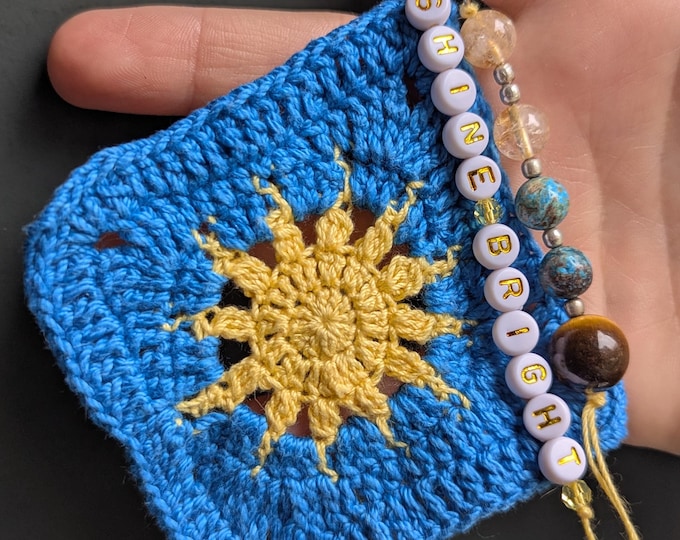 Crochet Sun Beaded Gemstone Keychain | Handmade Key Ring Accessory