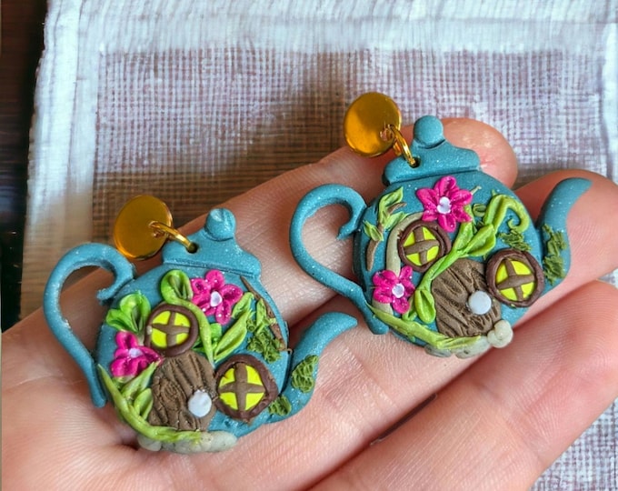 Cottage-Core Teapot Fairy House Earrings: Polymer Clay Jewelry