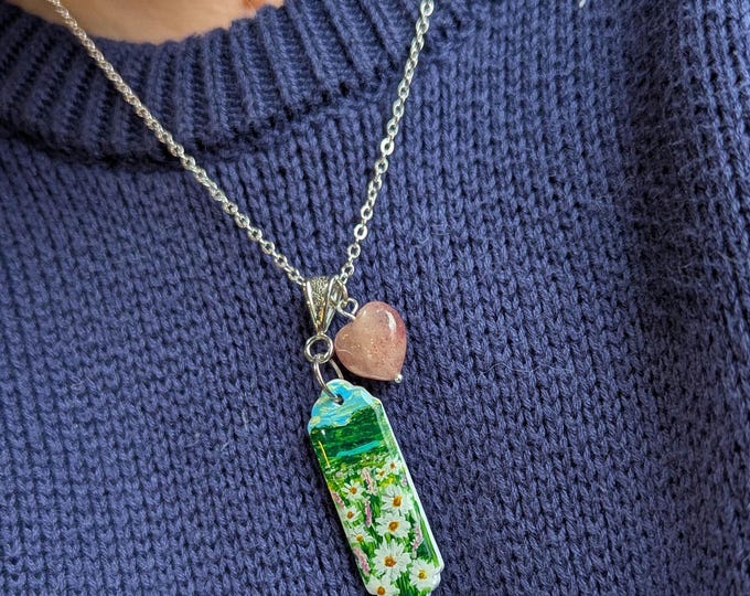 Hand-Painted Wildflower Necklace: Strawberry Quartz Heart, Floral Pendant