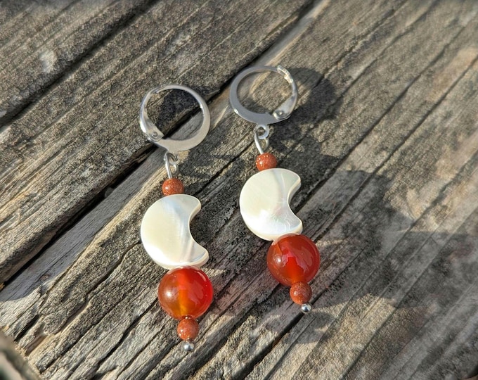 Handmade Carnelian Moon Dangle Earrings: Mother of Pearl & Goldstone