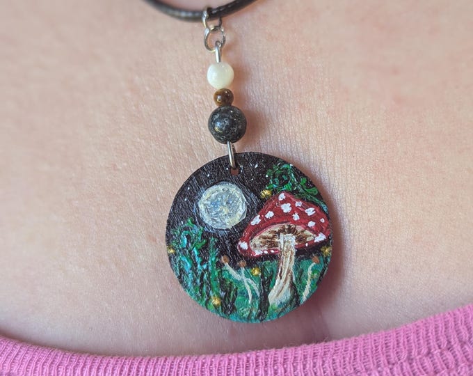 Hand-Painted Mushroom Necklace: Gemstone Statement Jewelry, Starry Night