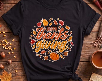 Happy Thanksgiving Tee, Pumpkin Wreath Shirt, Autumn Leaf Tshirt, Fall Harvest Top, Thankful Family Gift For Her, Cute Boho Women Season