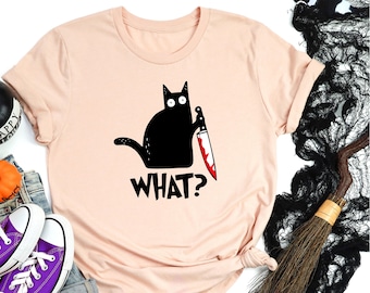 Black Cat Halloween Shirt, Cat What Shirt, Funny Black Cat Shirt, Funny Halloween Shirt, Murderous Cat With Knife, Shirt for Men and Women