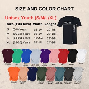 May include: Size and color chart for unisex youth t-shirts. Includes measurements in inches for sizes S, M, L, and XL. The chart displays a variety of shirt colors, including maroon, black, and white. The text also shows the width and length of the shirts.
