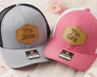 Bride And Bridesmaids Trucker Hat Set, Leather Patch Bachelorette Cap, Wedding Party Matching Hats, Bridal Shower Gift For Squad