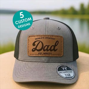 Personalized Worlds Greatest Dad Hat, Leather Patch Trucker Cap,New Grandpa Grandma Mom Gift, Father's Day Birthday Tee,Richardson 112 Style