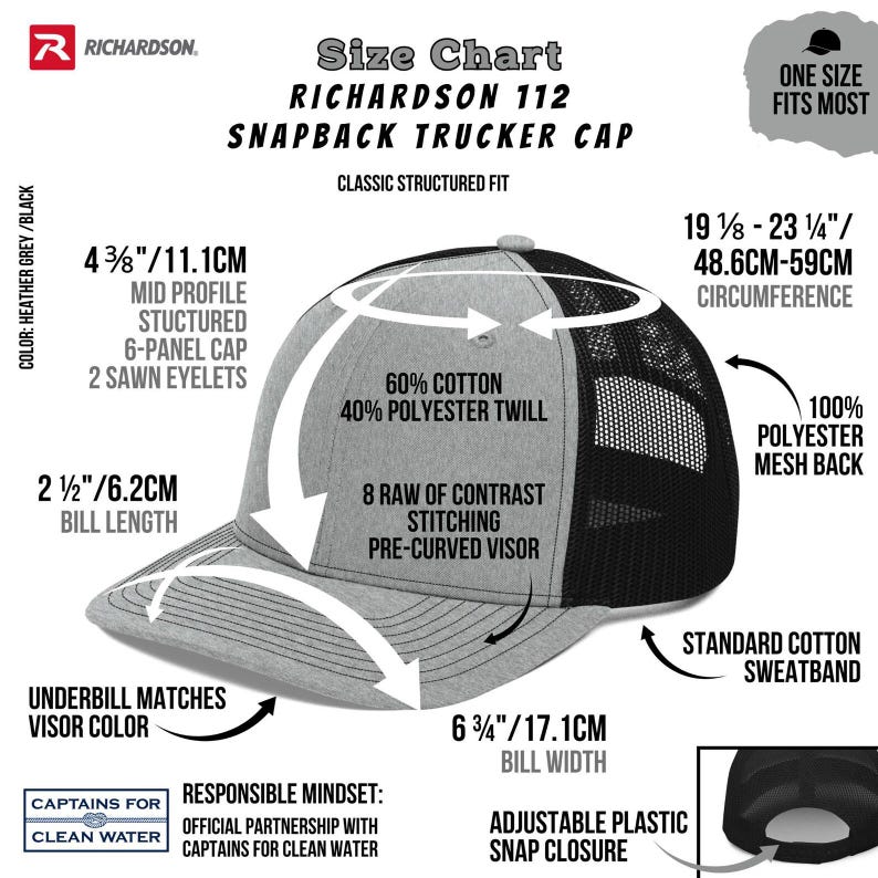 May include: A Richardson 112 snapback trucker cap in heather grey and black. The hat features a mid-profile structured 6-panel design with a pre-curved visor. The bill width is 6 3/4" (17.1cm), and the circumference is 19 1/8"-23 1/4" (48.6cm-59cm). It has a mesh back and an adjustable snap closure.