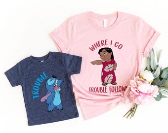 Funny Hawaiian Vacation Couple Shirt, Cute Island Alien Matching Tee, Disney Trip Sibling Outfit, Where ,Go Trouble Follows Tshirt