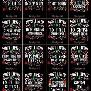 May include: A set of 12 Christmas-themed printable designs featuring funny and festive sayings. Each design features a black background with colourful Christmas lights and a Christmas tree. The text on each design is white. The designs are perfect for creating custom Christmas cards, gift tags, or party decorations.