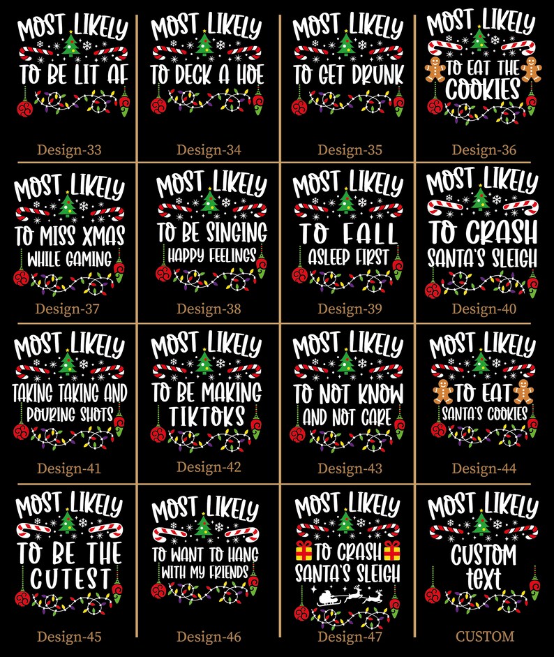 May include: A set of 12 Christmas-themed printable designs featuring funny and festive sayings. Each design features a black background with colourful Christmas lights and a Christmas tree. The text on each design is white. The designs are perfect for creating custom Christmas cards, gift tags, or party decorations.