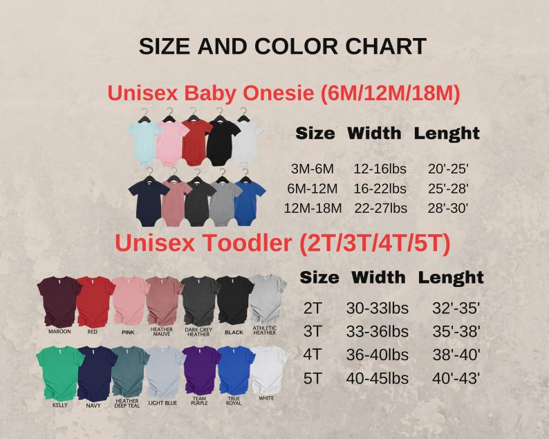 Peut inclure: Un tableau des tailles et des couleurs pour les barboteuses unisexes pour b&eacute;b&eacute;s et les t-shirts pour tout-petits. Le tableau affiche les mesures de taille, de largeur et de longueur en pouces et en livres, ainsi qu'une palette de couleurs.