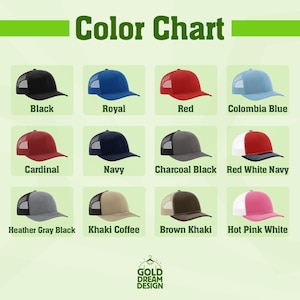 May include: A color chart displaying various baseball caps in different colors, including black, royal blue, red, and Columbia blue. The chart also shows caps in cardinal, navy, charcoal black, red white navy, heather gray black, khaki coffee, brown khaki, and hot pink white.