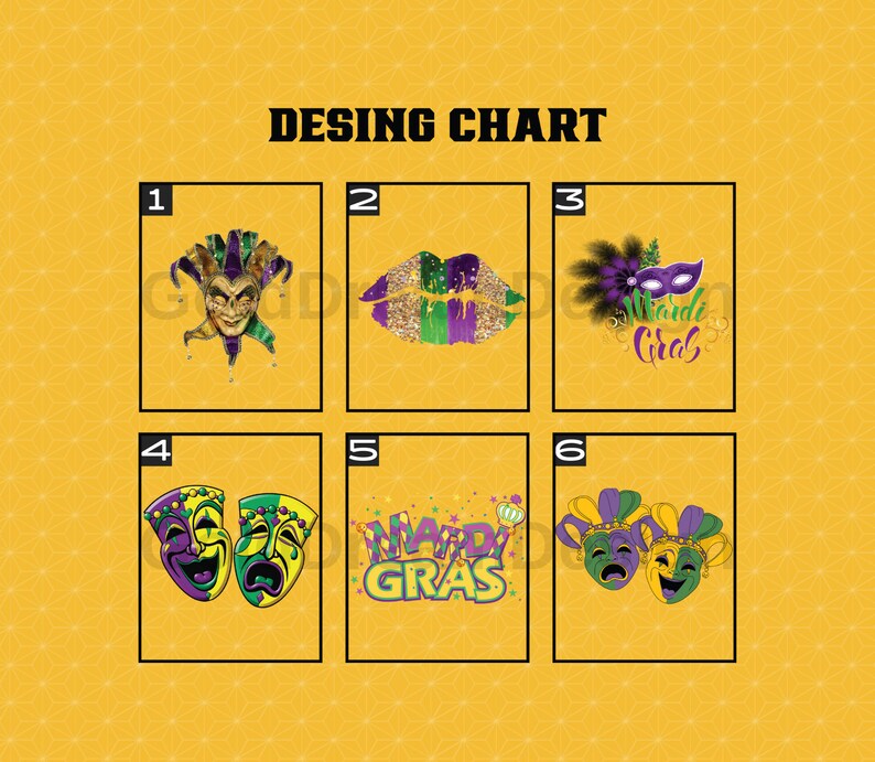 May include: A chart with six different Mardi Gras themed designs. The designs include a jester, lips, a Mardi Gras girl, two masks, and the words "Mardi Gras".