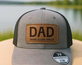 Personalized Dad Trucker Hat With Kids Names, Leather Patch Cap, Father's Day Gift, Custom Papa Birthday