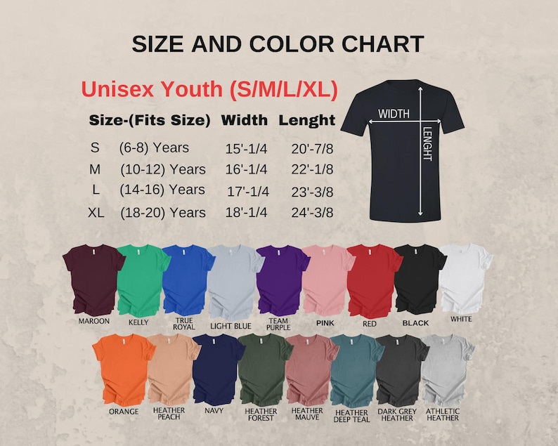 Peut inclure: Un tableau des tailles et des couleurs pour les t-shirts unisexes pour jeunes. Le tableau comprend les tailles S, M, L et XL, avec les mesures de largeur et de longueur en pouces. L'image affiche une vari&eacute;t&eacute; de couleurs de t-shirts, dont le bordeaux, le vert Kelly et l'orange.