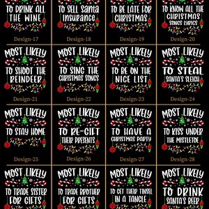 May include: A set of 12 Christmas-themed printable designs featuring humorous sayings about Christmas traditions. Each design features a black background with a green Christmas tree, red and white candy canes, and white snowflakes. The text on each design is in white.