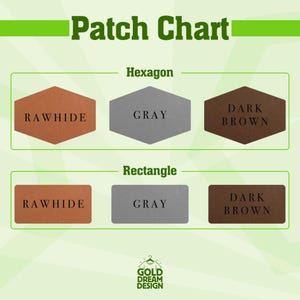 May include: A patch chart with hexagon and rectangle shapes, each displaying color swatches. Colors include rawhide, gray, and dark brown. The text "Patch Chart" is at the top, with "Gold Dream Design" at the bottom.