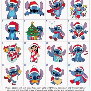 Peut inclure: Une grille de seize images de Stitch de Lilo & Stitch, chacune sur le th&egrave;me de No&euml;l. Stitch porte un bonnet de P&egrave;re No&euml;l et diverses tenues de f&ecirc;te. Les images sont num&eacute;rot&eacute;es de 1 &agrave; 16. Le texte en bas fournit des instructions de personnalisation.