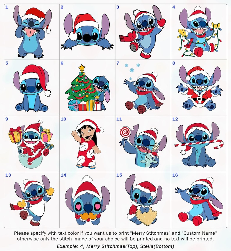 Peut inclure: Une grille de seize images de Stitch de Lilo & Stitch, chacune sur le th&egrave;me de No&euml;l. Stitch porte un bonnet de P&egrave;re No&euml;l et diverses tenues de f&ecirc;te. Les images sont num&eacute;rot&eacute;es de 1 &agrave; 16. Le texte en bas fournit des instructions de personnalisation.