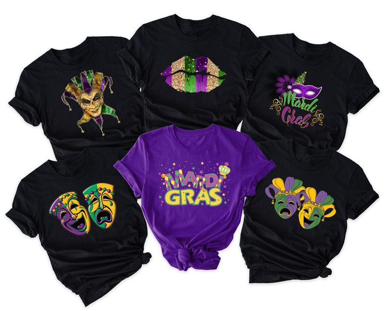 May include: Six black t-shirts with different Mardi Gras designs. The designs include a jester, a mask, a pair of lips, and two pairs of masks. The text on the shirts reads "Mardi Gras" and "Mardi Gras".