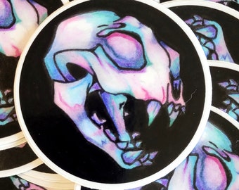 Chromatic Cat Skull 3" Vinyl Sticker. Beautiful and Spooky Colorful Cat Skull. Water Proof, Fade Proof, Water Bottle, Laptop or Any Surface