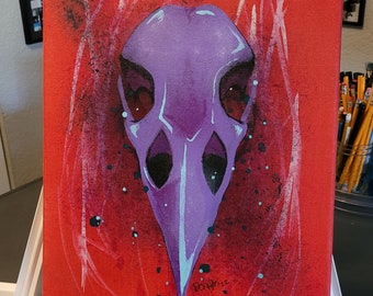 Raven Skull 11x14 Acrylic Painting on Canvas Animal Bones Goth Spiritual Decor