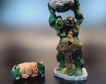 Hand Painted 3D Printed Two Headed Troll Miniature with Interchangeable Hands for RPG Games. Bad guy, BBEG, Ogre Warrior Game  Decoration