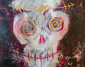 Witch Skull 16x20 Acrylic Painting on Canvas Colorful Shifting Metallic Paints Halloween Goth Witchy Decor