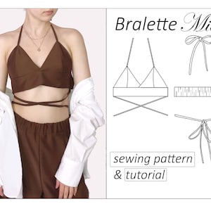 Op de afbeelding: Een naaipatroon en tutorial voor een bruine bralette genaamd "Bralette Mia". Het patroon bevat een diagram van de bralette en instructies om deze te naaien.