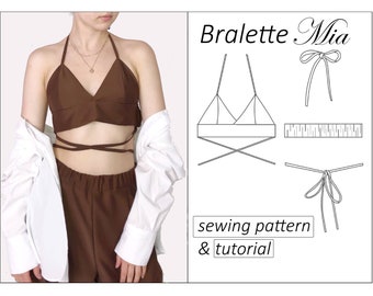 Crop top pattern, bralette top sewing pattern PDF with ties waist halter neck - instant download