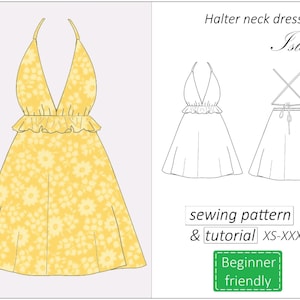 Halter dress pattern Isla, halter neck dress sewing pattern PDF, ruffle backless summer dress pattern for women - instant download, XS -XXXL